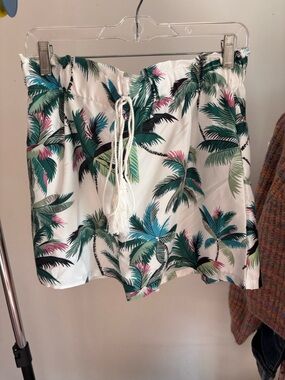 SHEIN Tropical Palm Drawstring Shorts in White and Teal